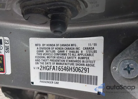 2006 Honda Civic Lx from USA, damaged, VIN 2HGFA16546H506291